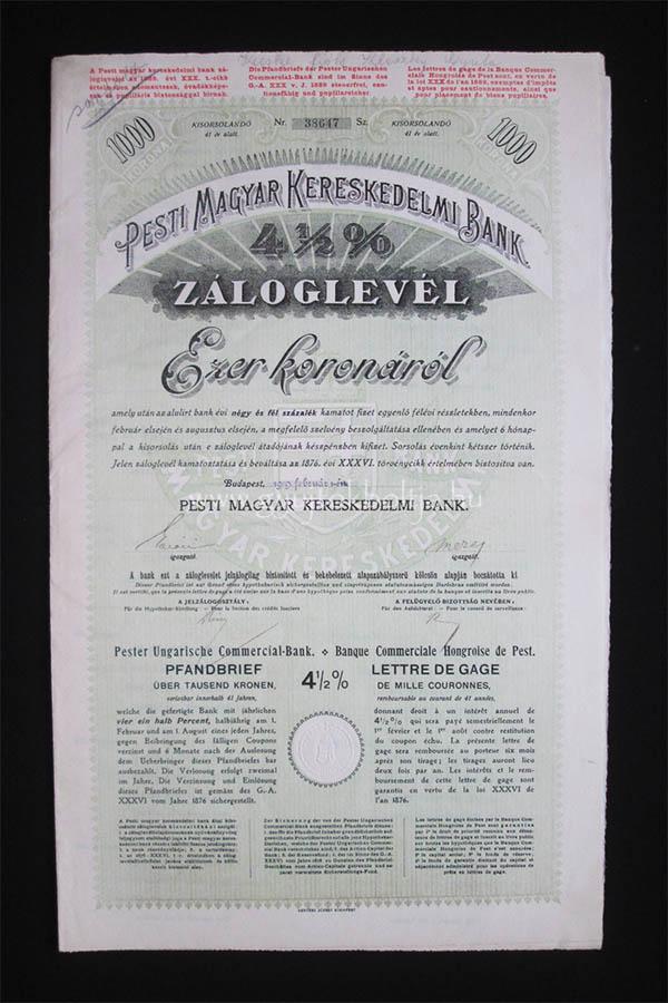 Pesti Magyar Kereskedelmi Bank záloglevél 1000 korona 1919 -ny-